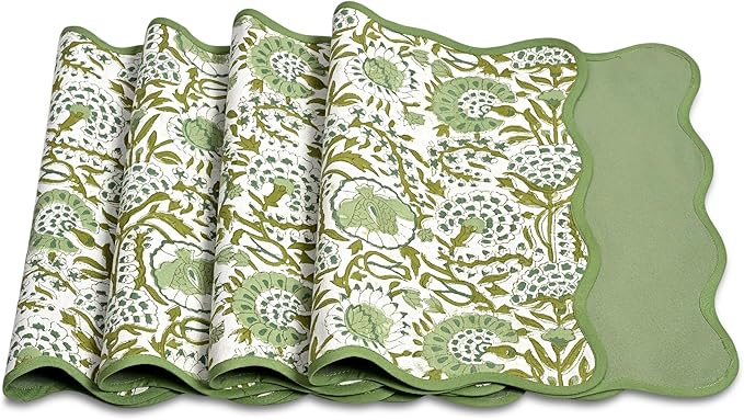 CPC Cotton Placemats Agate Green Set of 4-Hand Block Printed Reversible Placemats, Flower Scalloped & Embroidered Cloth Table Mats - 14 x 20 inch Gift for Spring, Mother's Day