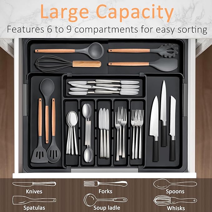 Spaclear Silverware Organizer Expandable Kitchen Utensil Drawer Organizer Large BPA Free Adjustable Cutlery Silverware Tray for Spoons Forks Knives Storage Divider for Kitchen Flatware 6-9 Slots Black