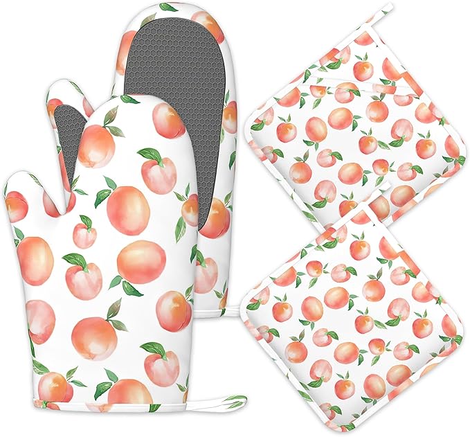 Watercolor Peaches Oven Mitts and Pot Holders Sets,Silicone Kitchen Mitts Potholders Heat Resistant 4Pcs Oven Gloves Hot Pads for Kitchen Baking Cooking
