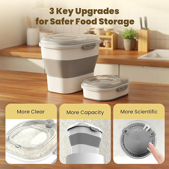 20-50Lbs Rice Container,Collapsible Food Storage Containers with Clear Airtight Lid,Wheels,Date Track,Rice Storage Container with 2PCS Containers and Scoop,Rice Dispenser for Flour Sugar Grain Dog Cat