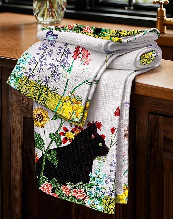 Miss Adola 2pcs Waffle Kitchen Towels - 16x26 Inch Cotton Waffle Weave Dish Cloths Set of 2 with Hanging Loop Absorbent Hand Tea Towels Cute Design for Housewarming Gift, Cat in Flowers