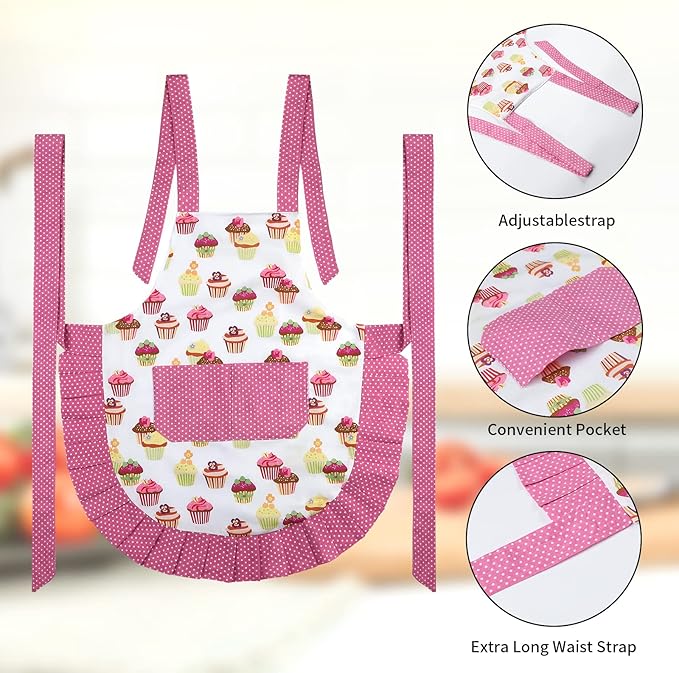 G2PLUS Aprons for Women with Pockets, 29 x 21 Inch Extra Long Ties Cupcake Apron, Pink Vintage Damask Apron for Kitchen Cooking, Baking and Gardening