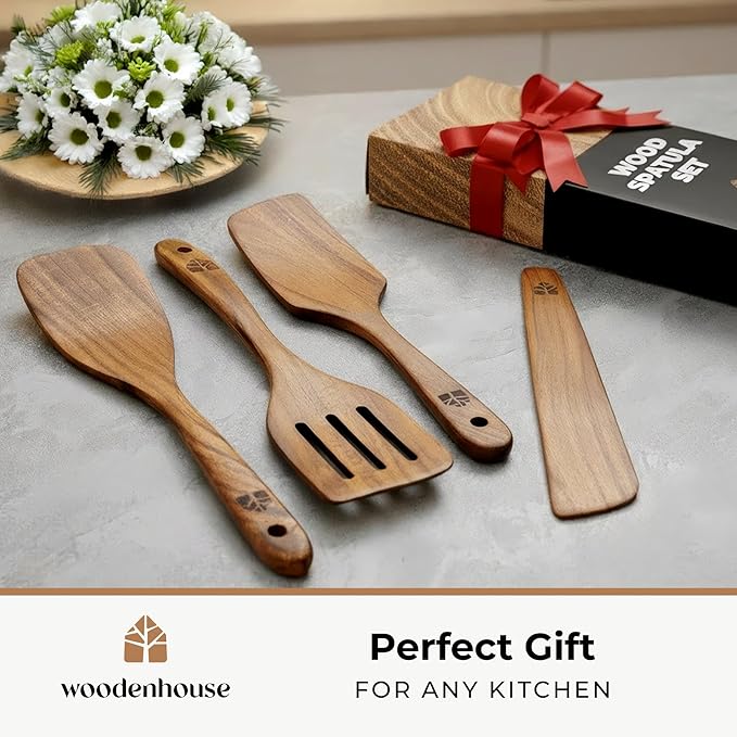 Wooden Spatula for Cooking - Natural Teak Wood Spatula for Non Stick Frying Pan - Wooden Cooking Utensils Set of 4 Including Paddle, Turner, Slotted Spurtle and Wood Scraper - Long Ergonomic Handles