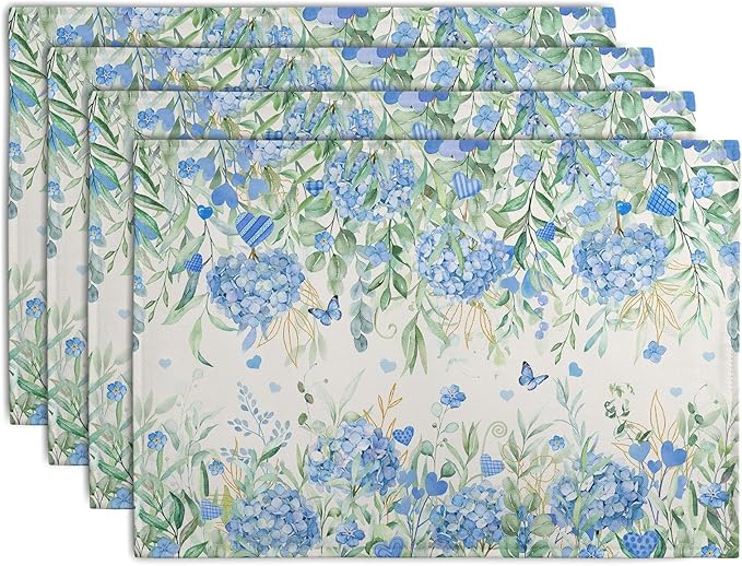 Hydrangea Spring Summer Placemats Set of 4 Sage Green Eucalyptus Leaves Blue Floral Butterfly Placemat 12x18 Inch Seasonal Holiday Table Place Mats for Farmhouse Kitchen Dining Decor