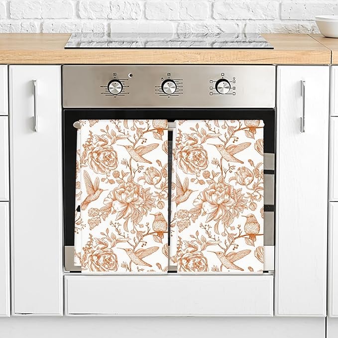Orange Bird Floral Kitchen Dish Towel 18 x 28 Inch Vintage Bird Flower Dishcloth Chinoiserie Hand Drying Tea Towel for Home Kitchen Cooking Baking, 2Pcs