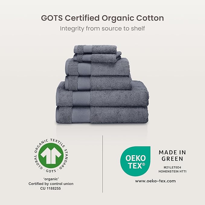 BIOWEAVES 100% Organic Cotton Bath Towel Set | 700 GSM Plush 7-Piece Premium Towel Set GOTS Certified, 2 Bath Towels, 2 Hand Towels & 2 Washcloths, 1 Bath Mat - Charcoal