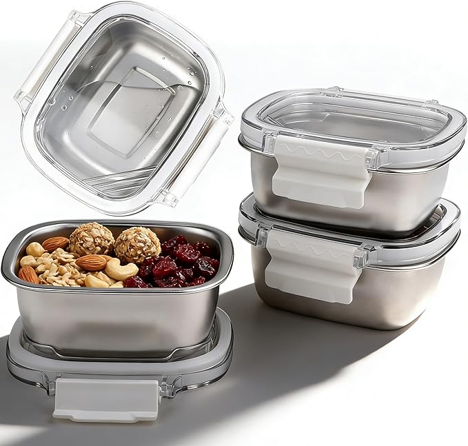 3 Pack Stainless Steel Reusable Snack Containers with Lids - 8.45 oz Small Metal Snack & Lunch Food Boxes, Shatterproof Leakproof Freezer Safe Meal Prep Containers for Portioning Snacks, Dips