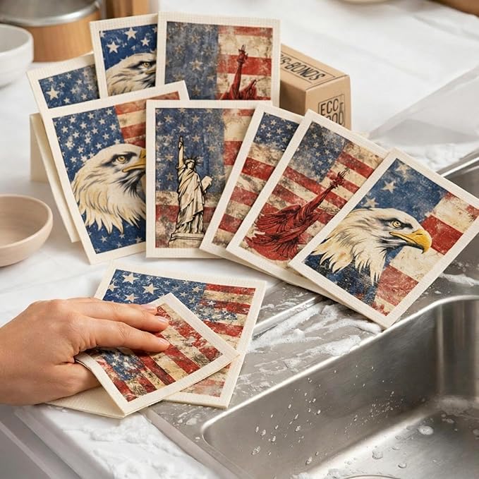 Tegeme 8 Pcs Patriotic Swedish Themed Dishcloth 4th of July American Flag Kitchen Dish Towel Absorbent Cotton Reusable Towel 250 Anniversary for Independence Day Home Party Counter Wipe, 6.8 x 7.7''