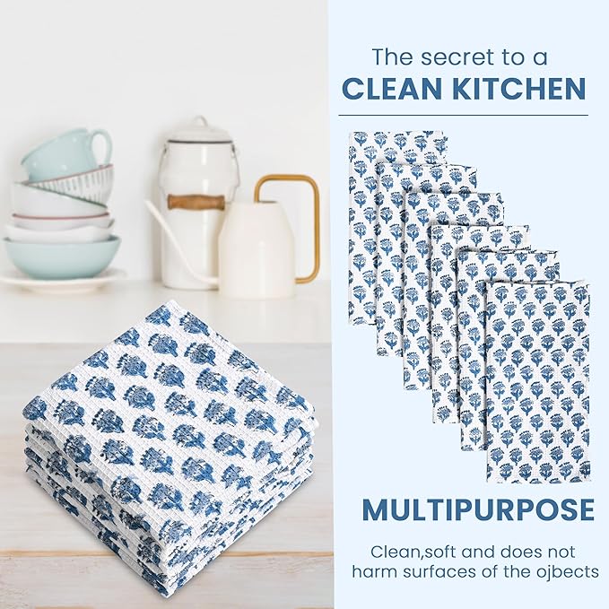 CPC Apatite Blue Hand Block Printed Cotton Waffle Dish Cloth Set of 12-12x12 Inch Super Absorbent, Soft, Reusable Kitchen Towels for Dish Drying & Cleaning Ideal for Spring, Mother's Day