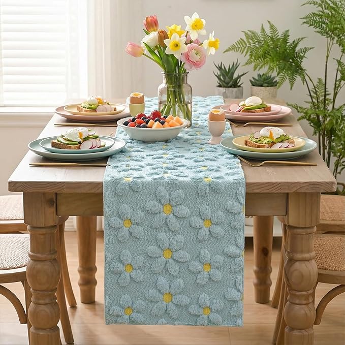 Artoid Mode Blue Soft Plush Faux Fur Jacquard Embroidery Daisy Spring Table Runner, Kitchen Dining Table Decoration for Home Party Decor 13x90 Inch