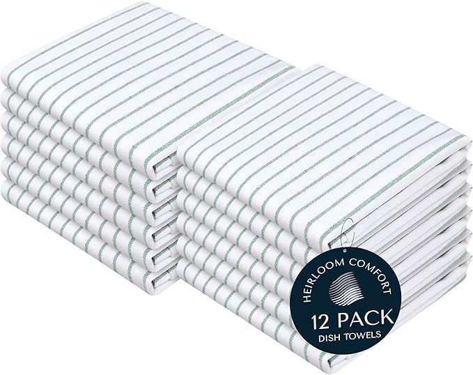 Sea Green Striped Kitchen Dish Towels (12-Pack), Quick Dry, Ultra Absorbent & Durable, 100% Cotton Classic Stripe Towels for Drying Dishes, Wiping, and Daily Kitchen Cleanup