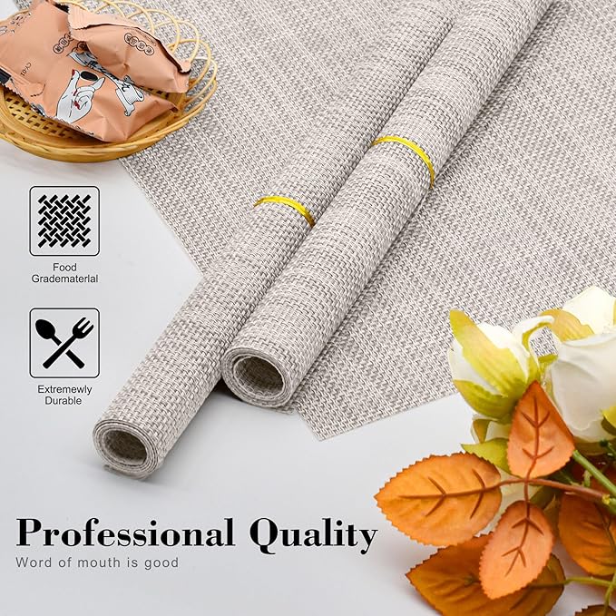 Placemats Set of 6 Washable Indoor/Outdoor Vinyl Place Mats for Dining Table Durable Non-Slip Heat Resistant PVC Weave Table Mats（Beige）