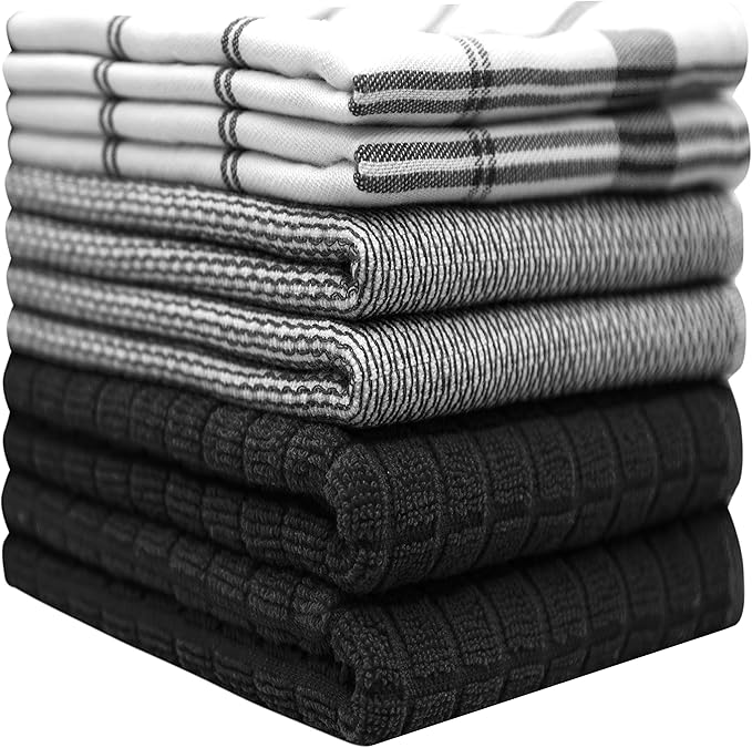Premium Kitchen Towels (20”x 28”, 12 Pack) | Large Cotton Dish Towels | Flat & Terry Highly Absorbent Kitchen Linen Set with Hanging Loop | Black Check