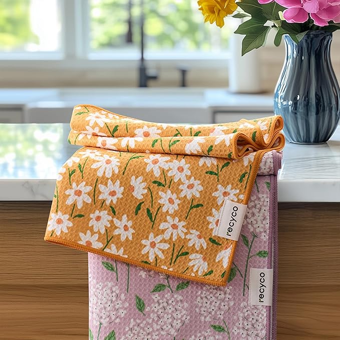 RECYCO Waffle Kitchen Towel Set of 2 - Quick Dry Microfiber Sustainable Dish Towels - Ultra Absorbent Reusable Cleaning Tea Towels - Lightweight Hand Towels,16”x 28”, Matisse Floral