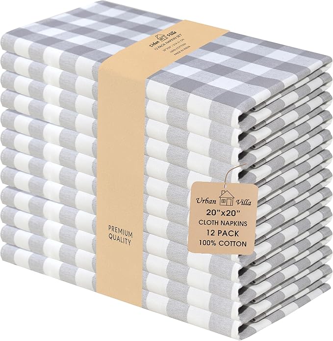 Urban Villa Cotton Dinner Napkins Set of 12, Highly Absorbent Soft Premium Cloth Napkins 20x20 Inches, Hotel Quality Reusable & Washable Table Dinner Napkins for Home - (Grey/White, Buffalo Checkerd)