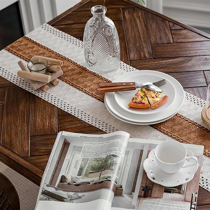 Alynsehom Macrame Table Runner Cream Beige and Caramel Boho Table Runners with Tassels Hand Woven Cotton Table Runner Rustic Farmhouse Table Runners for Bohemian Kitchen Dining Table(12x71in)