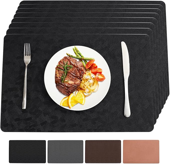 Vinyl Placemats Set of 8 Heat Resistant Easy Clean Non-Slip Place Mats for Dining Table Faux Leather Waterproof Stain Resistant Wipeable Washable PVC Table Mats(8, Black)