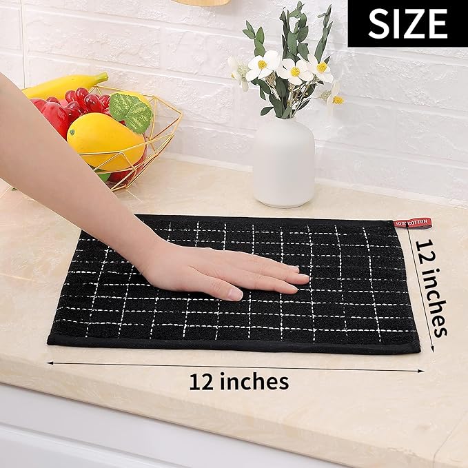 Homaxy 100% Cotton Terry Kitchen Dish Cloths, Ultra Soft and Absorbent Dish Towels for Kitchen, Suitable for Drying and Washing Dishes, 18 Pack, 12 x 12 Inches, Black
