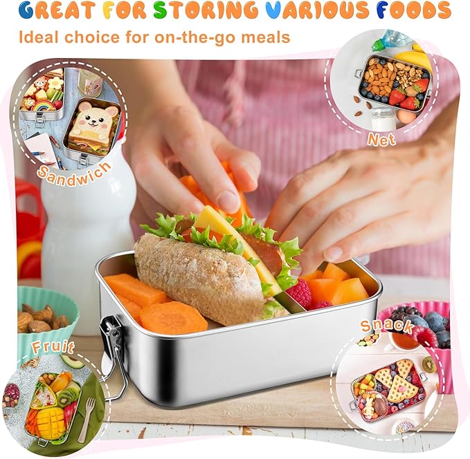 TeamFar Stainless Steel Bento Box, 2 Pack 28oz/850ml Metal Lunch Box with 3 Compartments for Adults Kids, Small Lunch Food Containers for School/Work/Meal Prep, Leak-Proof & Dishwasher Safe