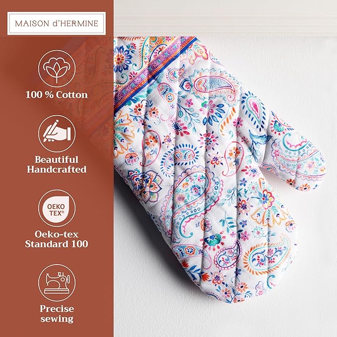 Maison d'Hermine Oven Gloves 100% Cotton Oven Mitt 7" x 13" with Loop Heat Resistant BBQ Cooking Gloves Baking Grilling Gifts for Mothers Day Spring/Summer (Pack of 1, Indian Floral)