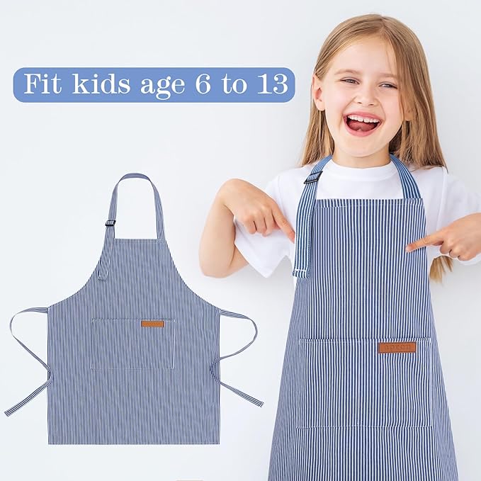 2 Pack Stripes Kids Apron, Kids Cooking Aprons with 2 Pockets, Cute Aprons for Cooking for Boys and Girls