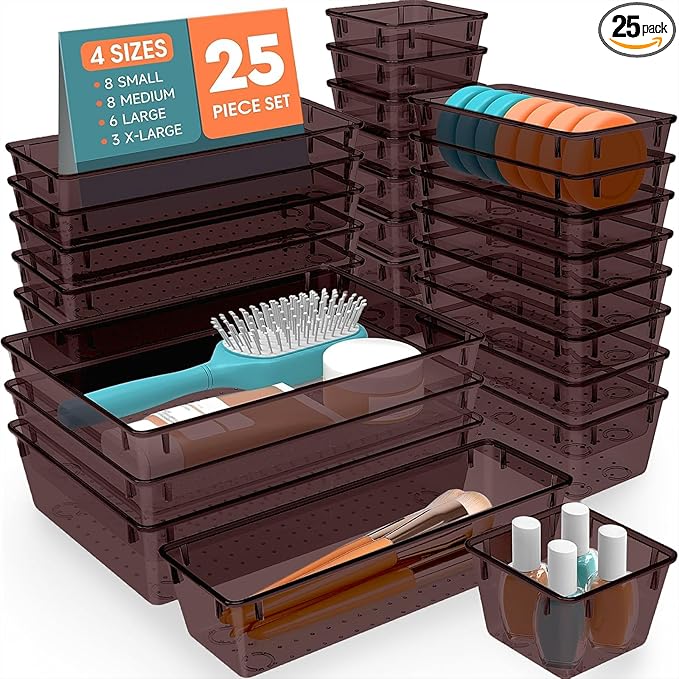 SpaceHacks 25 PCS Plastic Drawer Organizer Set, 4-Size Versatile Organizer Trays & storage Bins for Makeup, Jewelry, and Gadgets in Bathroom, Bedroom and Office,Brown