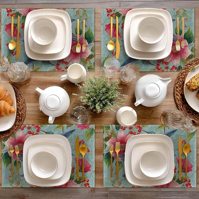 HOMETITUTE 12x18 Inch Placemats Set of 4 Linen Hummingbird Floral Spring Summer Washable Table Mats Place Mats Decorative Farmhouse Autumn Placemats Set Kitchen Dining Table Decor