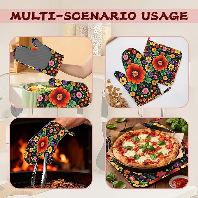 Vintage Colorful Floral Mexican Oven Mitts and Pot Holders (4PCS),Heat Resistant Non-Slip Silicone Kitchen Gloves for Cooking, Baking, BBQ Waterproof Kitchen Accessories