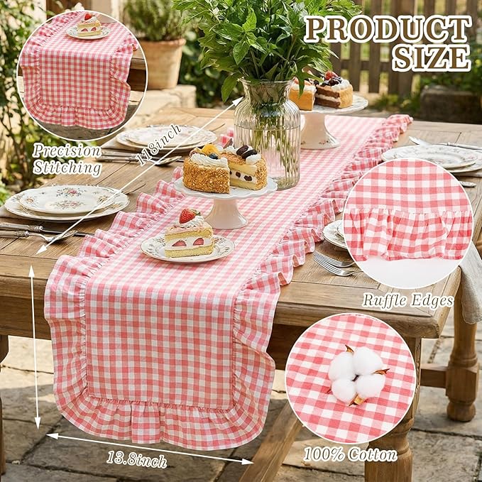 HunnmingRe 1 Pcs Pink Plaid Gingham Ruffle Table Runner 118 x 13.8'' Farmhouse Table Runner 100% Cotton Scalloped Long Dresser Scarves for Dining Room, Wedding, Kitchen Rustic Home Decor