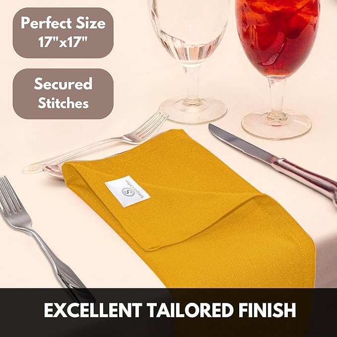 Cloth Napkin 100% Cotton 17x 17 Inches Table Napkin for Dining, Lunch, Holiday Parties & Cocktail, Decorative Washable Napkins - Mustard Yellow (Set of 12)