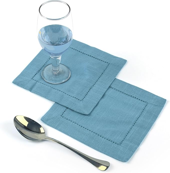 FINGERCRAFT Cocktail Napkins 6 x 6 Inch Premium Quality Cotton, Generous Hemstitch and Mitered Corner Set of 12 Coaster Cloth Aqua Blue