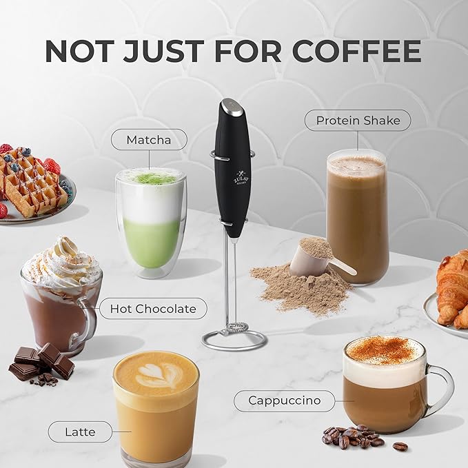 Zulay Kitchen Powerful Milk Frother Wand With 2 Duracell Batteries - Ultra Fast Handheld Drink Mixer - Electric Whisk Foam Maker for Coffee, Lattes, Cappuccino, Matcha, Hot Chocolate & Creamer - Black