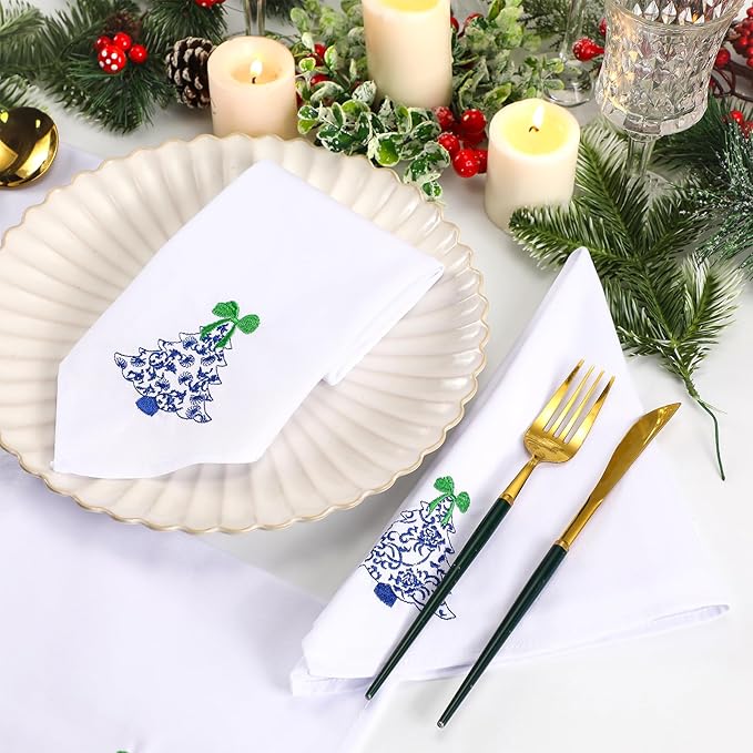 HunnmingRe 12 Pcs Christmas Tree Blue and White Cloth Napkins Chinoiserie Embroidered Cotton Hand Towels Blue Guests Napkin for Xmas Holiday Weddings Dinner Parties Washable 17x17 Inch
