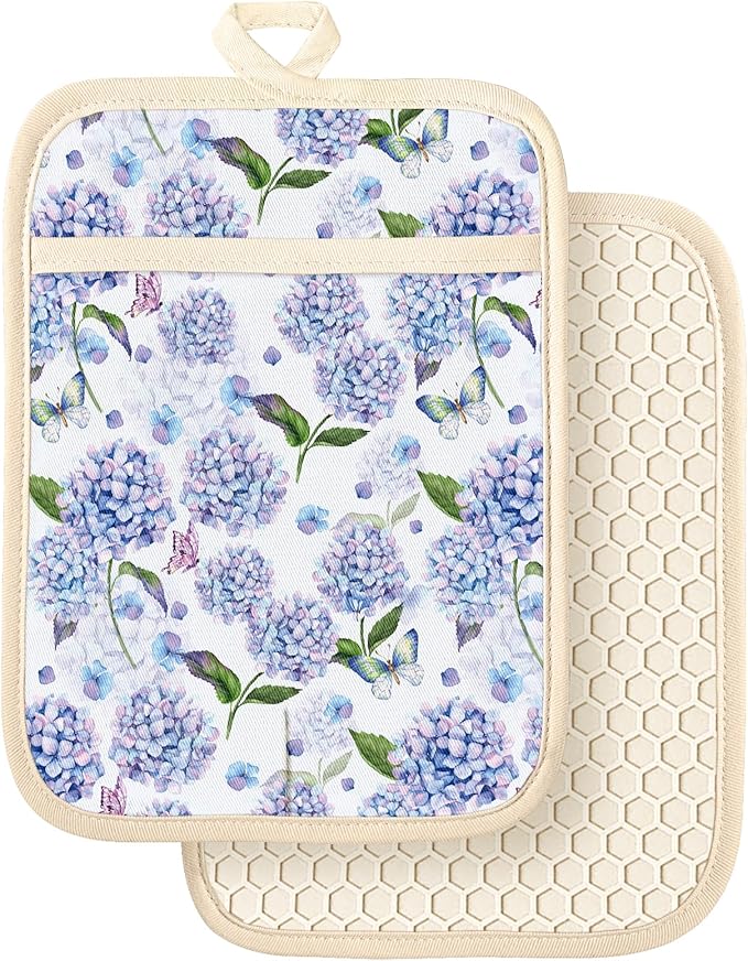Slohif Silcone Flower Pot Holders for Kitchen - 100% Cotton Beige Blue Cute Oven Potholders with Pockets, Heat Resistant Square Thick Hot Pads, House New Home Baking Baker Gifts,2pack