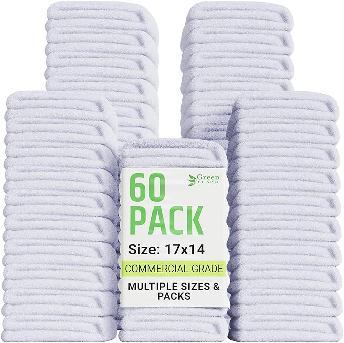 GREEN LIFESTYLE 60-Pack Cotton Wash Cloths – 14"x17" Absorbent Cleaning Rags for Housekeeping, Kitchen Towels, Bar Mop Towels, Durable Terry Cloth Rags, Premium Quality Multipurpose Washcloths