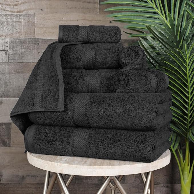 Superior Egyptian Cotton 8-Piece Solid Towel Set, Washcloths 13” x 13”, Hand Towels 20” x 30”, Bath Towels 30” x 55”, Black, 8-Pieces by Superior