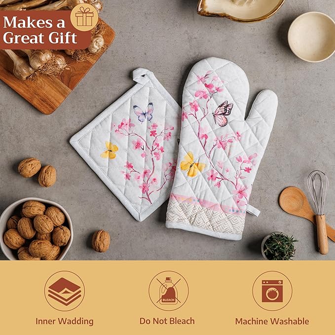 Maison d' Hermine 100% Cotton Oven Mitt & Pot Holder Set (7.5"x13" & 8"x8") Heat Resistant BBQ Cooking Gloves with Loop Grilling Kitchen Gifts for Mothers Day Spring/Summer (Blossoms in Spring)