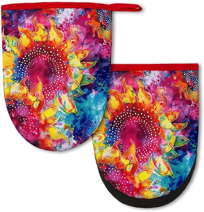 Colorful Sunflower Mini Silicone Oven Mitts 2-Pack Set, Heat Slip Resistant Kitchen Gloves, Soft Short Oven Mittens for Safe Cooking Baking Grilling