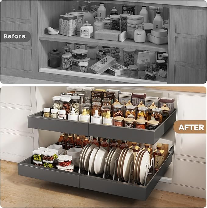 Seinloes 4 Pack Pull out Cabinet Organizer 21" Deep With Raising Pad for Framed Cabinets,Expandable (15.2"-26.3"W) Slide out Drawers for Kitchen Cabinets with 4pcs Divider Racks,Roll out Shelves,Black