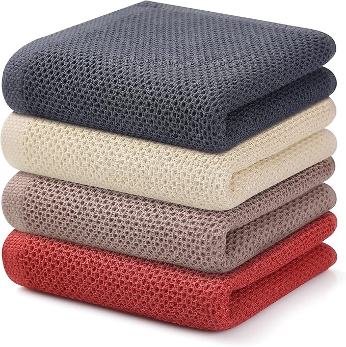 Kitinjoy 100% Cotton Waffle Weave Kitchen Hand Towels (13 x 28 Inches, Multicolor), 4-Pack Super Soft and Absorbent Dish Towels for Drying Dishes