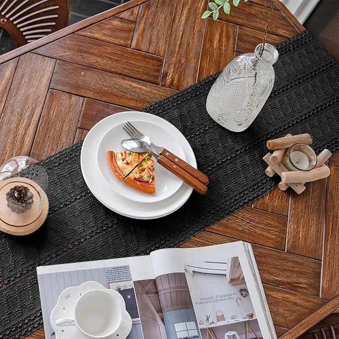 Alynsehom Macrame Table Runner Pure Black Boho Table Runners with Tassels Hand Woven Cotton Table Runner Rustic Farmhouse Table Runners for Bohemian Kitchen Dining Table(12x108in)