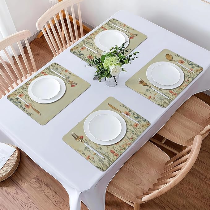 Vinyl Placemats Set of 6-12x17 Inch - Heat Resistant Washable Place Mats Waterproof Non-Slip Wipeable Table Mats for Dining Table Decor, Spring Outdoor Plastic Placemat