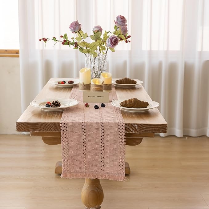 Keketoarrange Boho Pink Table Runner for Spring Decorations 12x48 Inches Farmhouse Small Macrame Woven Burlap Jute Rustic Coffee Table Runner Dresser Scarf Dining Kitchen Centerpiece Bohemian Decor