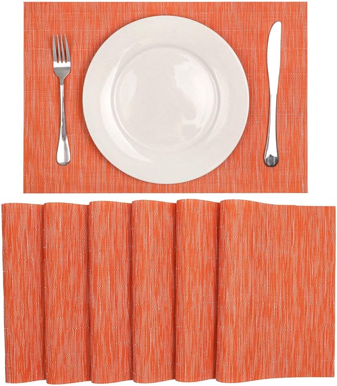 SHACOS Placemats Set of 8 Woven Vinyl Place Mats for Dining Table Wipe Clean Heat Resistant Washable Kitchen Table Mats (8, Orange)
