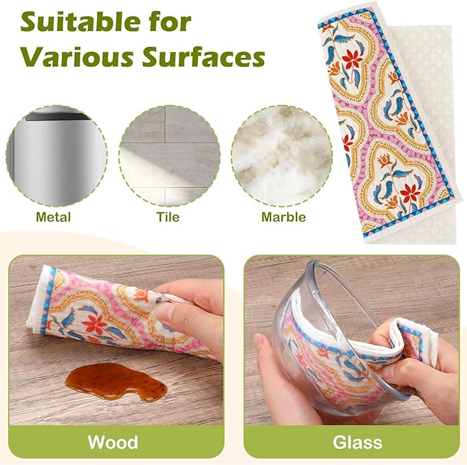 6 Packs Swedish Paper Cloths for Kitchen, Reusable Paper Towels Washable Dish Rags, Highly Absorbent Kitchen Towels Quick Drying Swedish Sponge Cleaning Dish Cloths (Floral Ornamentation)