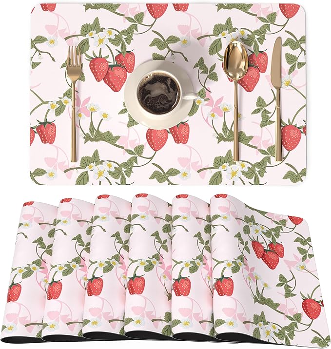 QiyI Placemats Set of 6, 12x18 Inch Faux Leather Place Mats for Kitchen Dinning, Heat Resistant Anti Slip Pink Table Mats, Waterproof Wipeable Washable Placemat Party Table Décor, Sweet Strawberry