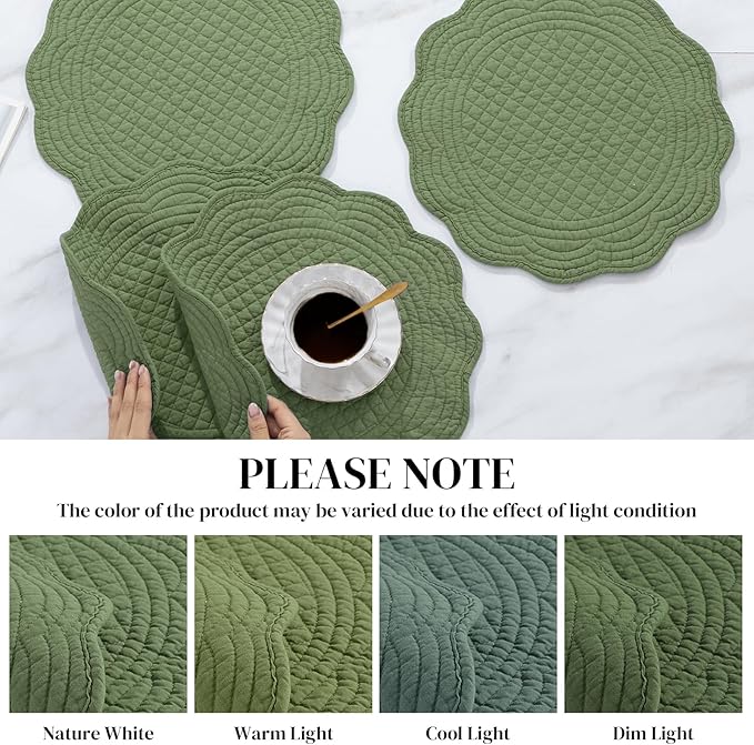 HOMBYS Quilted Placemats Set of 6 Washable Round Placemats for Kitchen Table-100% Cotton Fabric 14 Inch Round Table Mats, Cotton Fabric with Microfiber Filling (14"x14", Emerald Green)