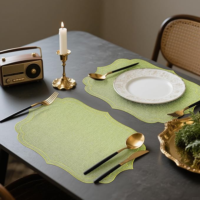 Linen Placemats Set of 4, Sage Green Embroidered Place Mats 16x18 Inch, Scalloped Edge Washable Fabric Table Mats, Wavy Shape Table Decor for Wedding Baby Shower Party Dining Room