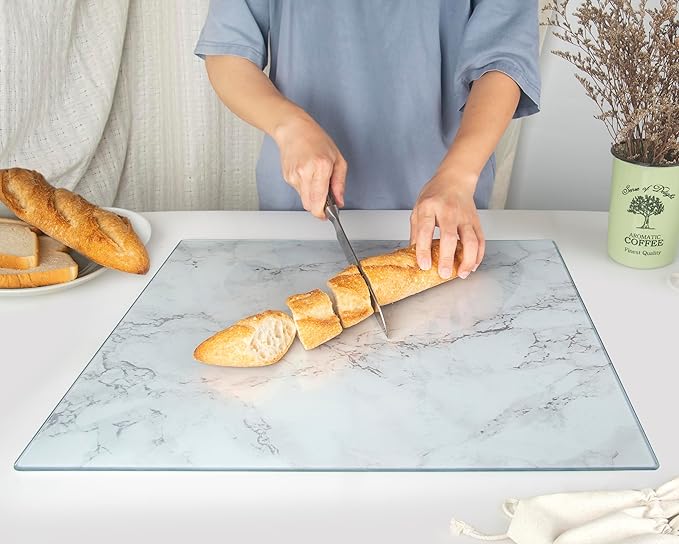 Kitchenville Glass Cutting Board 20”x16”: Tempered Glass Kitchen Counter Protector - Durable- Scratch-Resistant, Heat-Proof - Design 3 - Grey Marble Effect