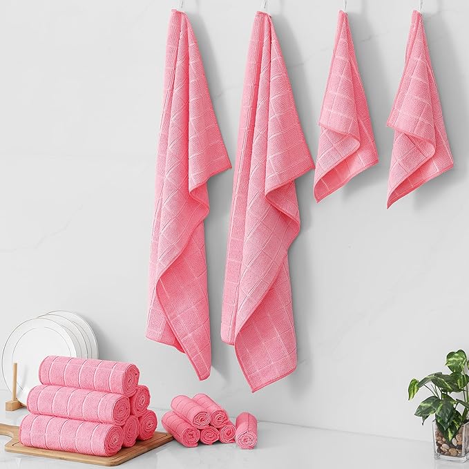 Homaxy Microfiber Kitchen Towels and Dishcloths Set, 20 Pack Soft and Absorbent Dish Hand Towels Bulk, 28 x 16 Inch & 12 x 12 Inch Quick Drying Rags for Washing Dishes, Pink